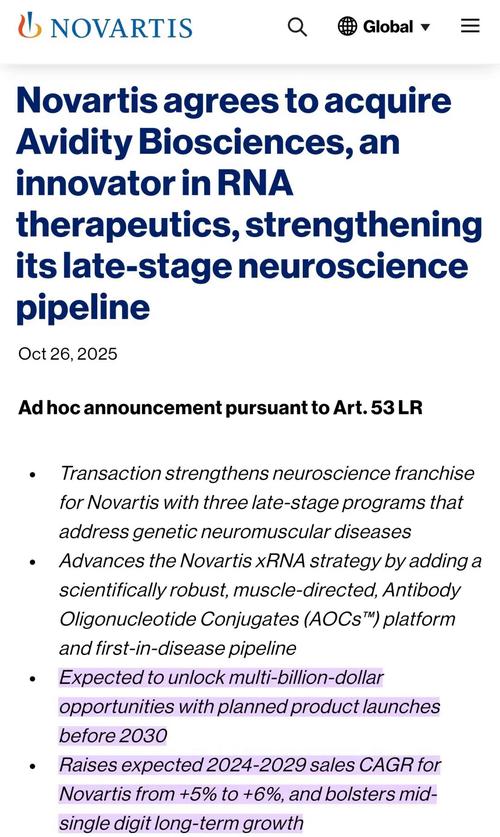 诺华将以120亿美元收购艾维迪生物科学公司